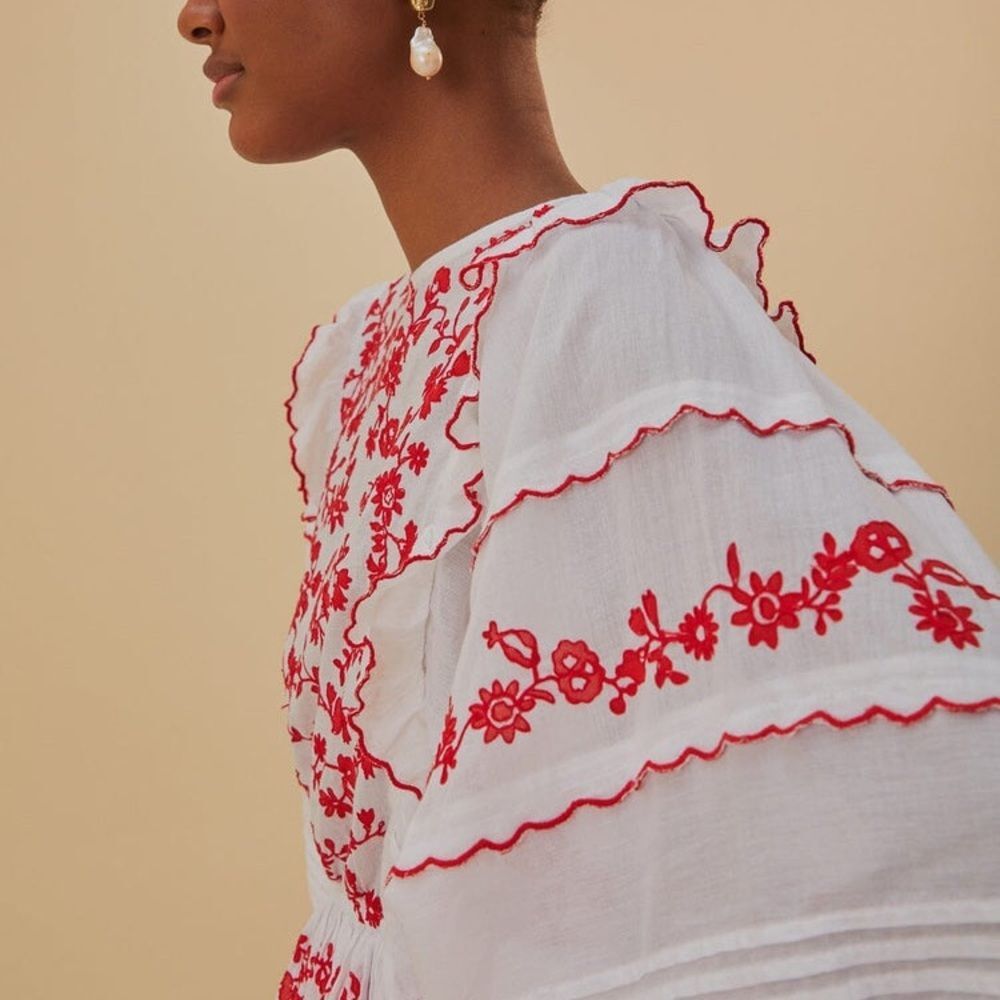 NEW FARM Rio Off-White with Red Embroidered Long Sleeve Blouse Cotton Size XXS - Picture 4 of 16